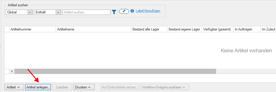 JTL-Wawi, leere Artikelübersicht mit der Meldung „Keine Artikel vorhanden“; ein Pfeil zeigt auf die Schaltfläche „Artikel anlegen…“