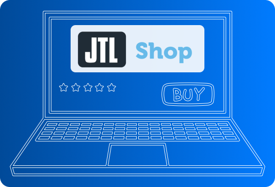 JTL-Shop auf einem Laptop: Shop-Oberfläche mit Produktbewertung und Kaufen-Button