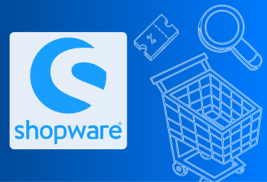 Shopware-Logo vor einem Einkaufswagen als Symbol für die E-Commerce-Plattform