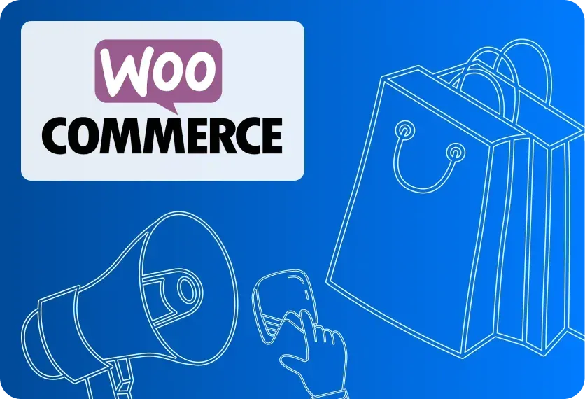 WooCommerce Experte für WordPress Shops: Logo, Einkaufstasche und Megafon
